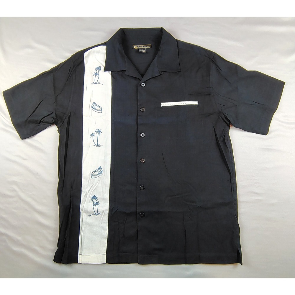 Duke Kahanamoku Aloha Shirt Mens L Black Bamboo Viscose Camp Hawaiian Retro